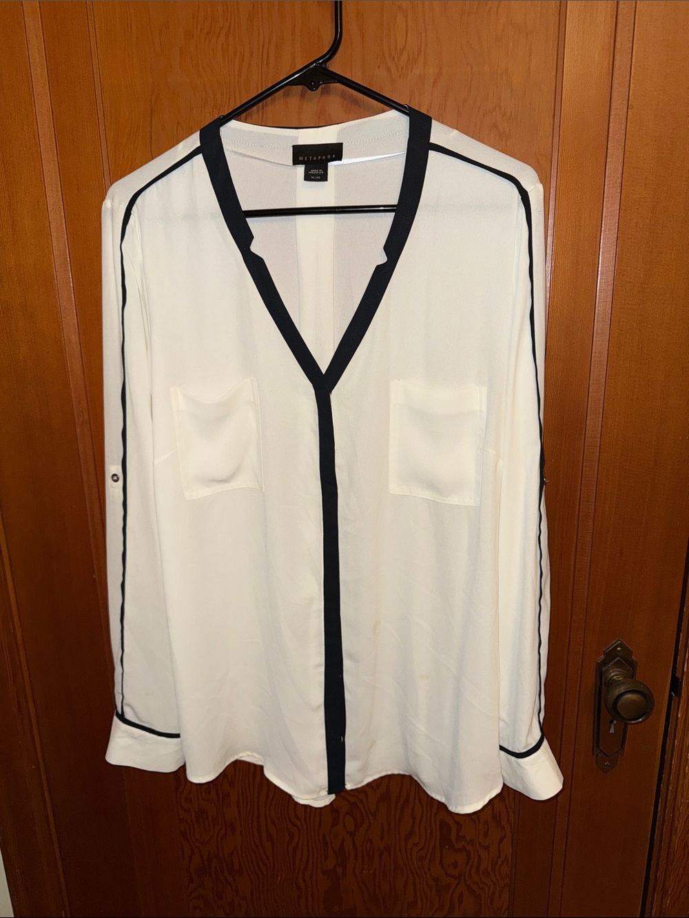 Metaphor White Blouse with Black Contrast Trim